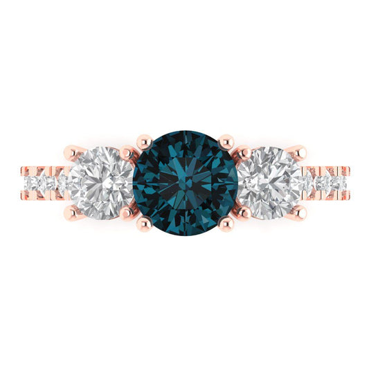 1.97 cttw Natural London Blue Topaz Three-Stone Engagement Ring - Solid Rose Gold (VVS1, Round Cut,6.5mm)