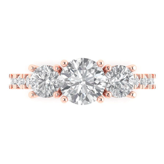 1.97 cttw White Sapphire Three-Stone Engagement Ring - Solid Rose Gold (VVS1, Round Cut,6.5mm)