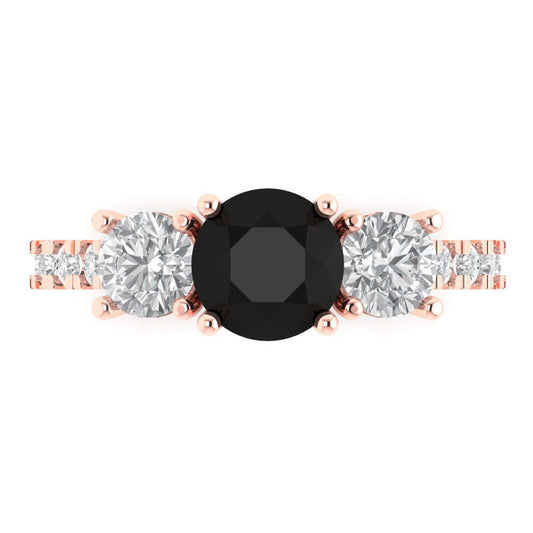 1.97 cttw Natural Onyx Three-Stone Engagement Ring - Solid Rose Gold (VVS1, Round Cut,6.5mm)