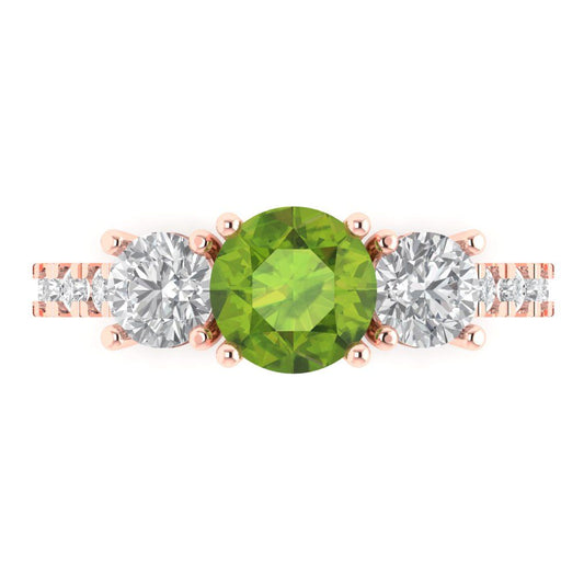 1.97 cttw Natural Peridot Three-Stone Engagement Ring - Solid Rose Gold (VVS1, Round Cut,6.5mm)
