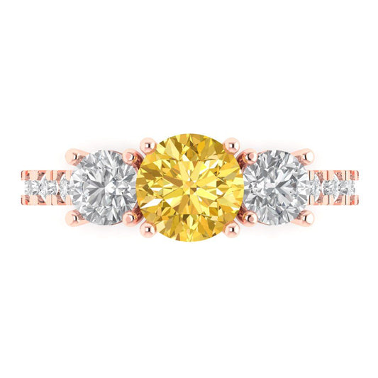 1.97 cttw Zirconia Simulated Yellow Diamond Three-Stone Engagement Ring - Solid Rose Gold (VVS1, Round Cut,6.5mm)