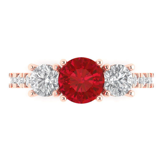 1.97 cttw Simulated Ruby Three-Stone Engagement Ring - Solid Rose Gold (VVS1, Round Cut,6.5mm)