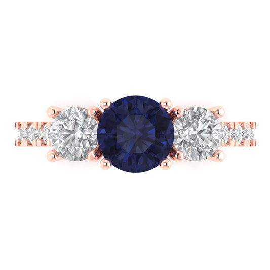 1.97 cttw Simulated Blue Sapphire Three-Stone Engagement Ring - Solid Rose Gold (VVS1, Round Cut,6.5mm)