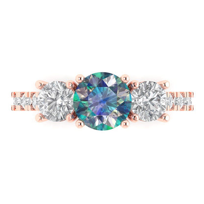 1.97 cttw Blue Moissanite Three-Stone Engagement Ring - Solid Gold (Round Cut,6.5mm)