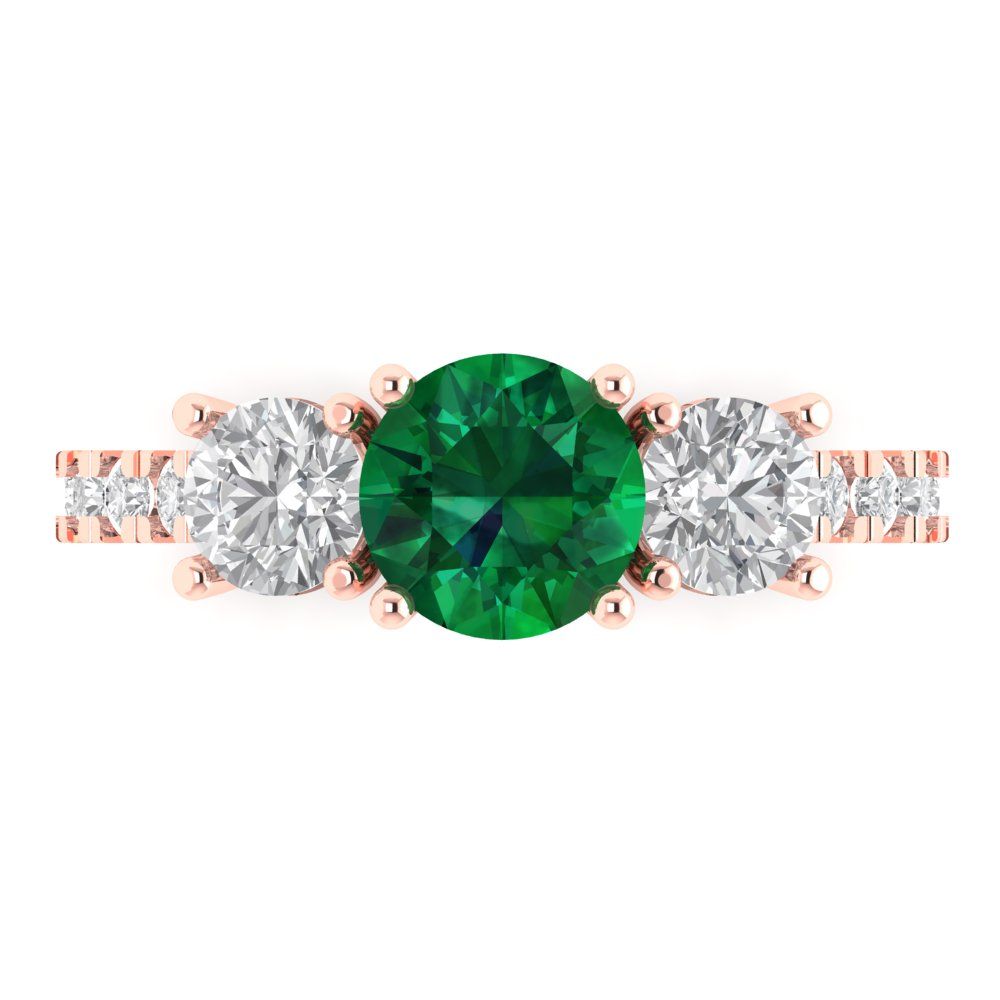 1.97 cttw Simulated Emerald Three-Stone Engagement Ring - Solid Rose Gold (VVS1, Round Cut,6.5mm)