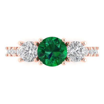 1.97 cttw Simulated Emerald Three-Stone Engagement Ring - Solid Rose Gold (VVS1, Round Cut,6.5mm)