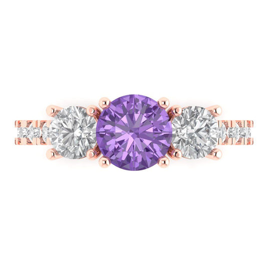 1.97 cttw Simulated Alexandrite Three-Stone Engagement Ring - Solid Rose Gold (VVS1, Round Cut,6.5mm)