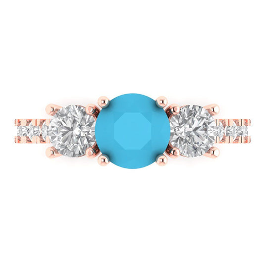 1.97 cttw Simulated Turquoise Three-Stone Engagement Ring - Solid Rose Gold (VVS1, Round Cut,6.5mm)
