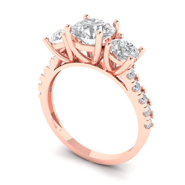 2.02 ct Brilliant Round Cut Genuine Cultured Diamond Stone Clarity VS1-2 Color J-K Rose Gold Solitaire with Accents Three-Stone Ring