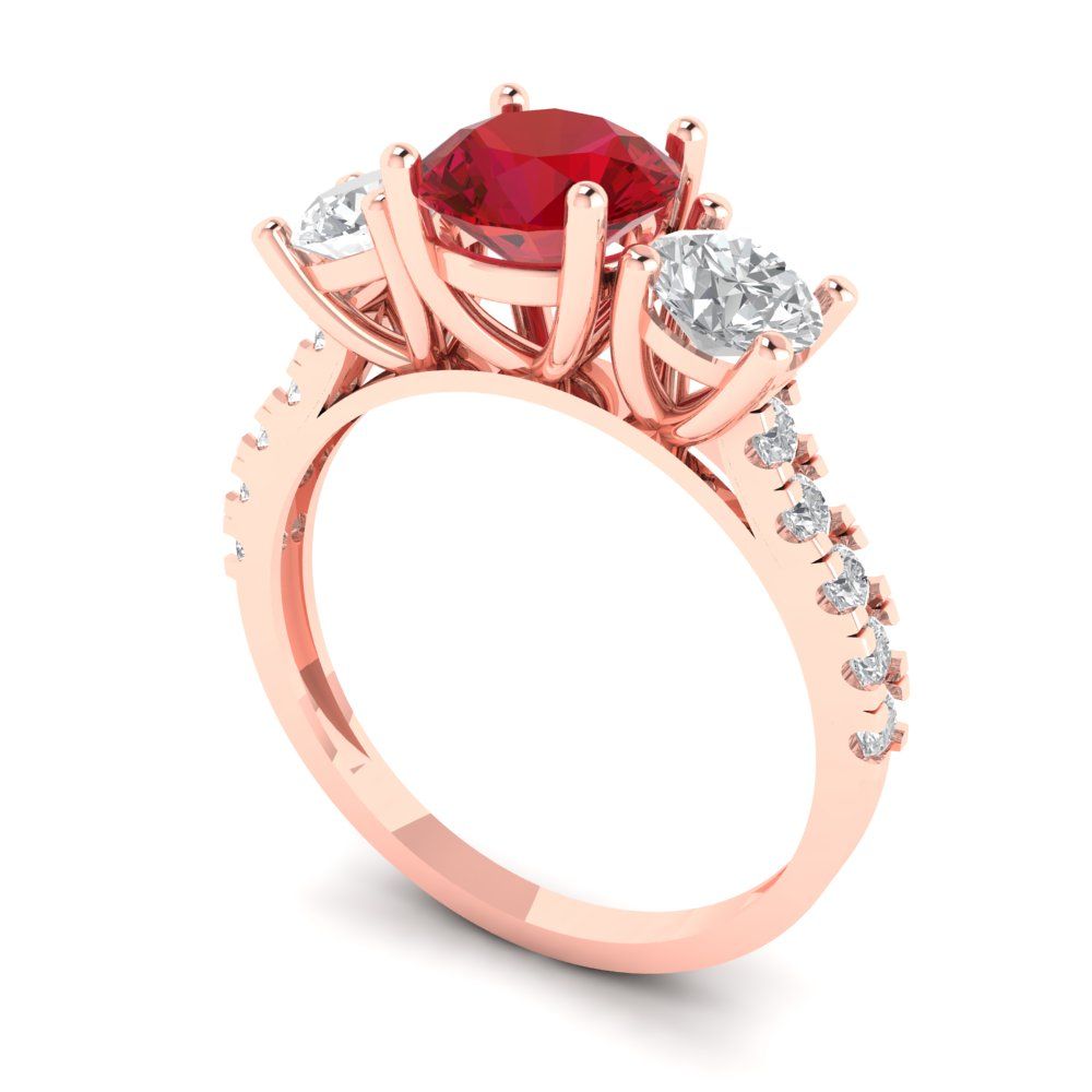 1.97 cttw Simulated Pink Tourmaline Three-Stone Engagement Ring - Solid Gold (Round Cut,6.5mm)