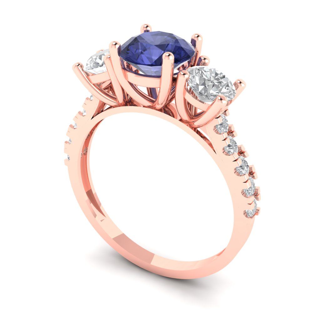 1.97 cttw Simulated Tanzanite Three-Stone Engagement Ring - Solid Rose Gold (VVS1, Round Cut,6.5mm)