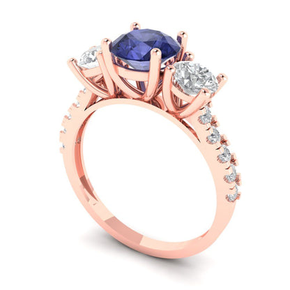 1.97 cttw Simulated Tanzanite Three-Stone Engagement Ring - Solid Rose Gold (VVS1, Round Cut,6.5mm)