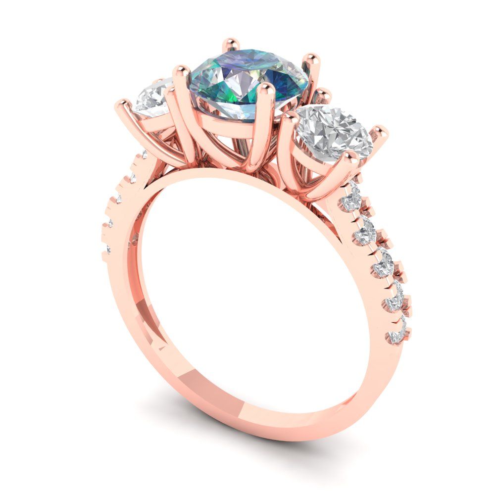 1.97 cttw Blue Moissanite Three-Stone Engagement Ring - Solid Gold (Round Cut,6.5mm)