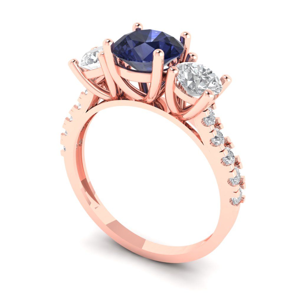 1.97 cttw Simulated Blue Sapphire Three-Stone Engagement Ring - Solid Gold (Round Cut,6.5mm)