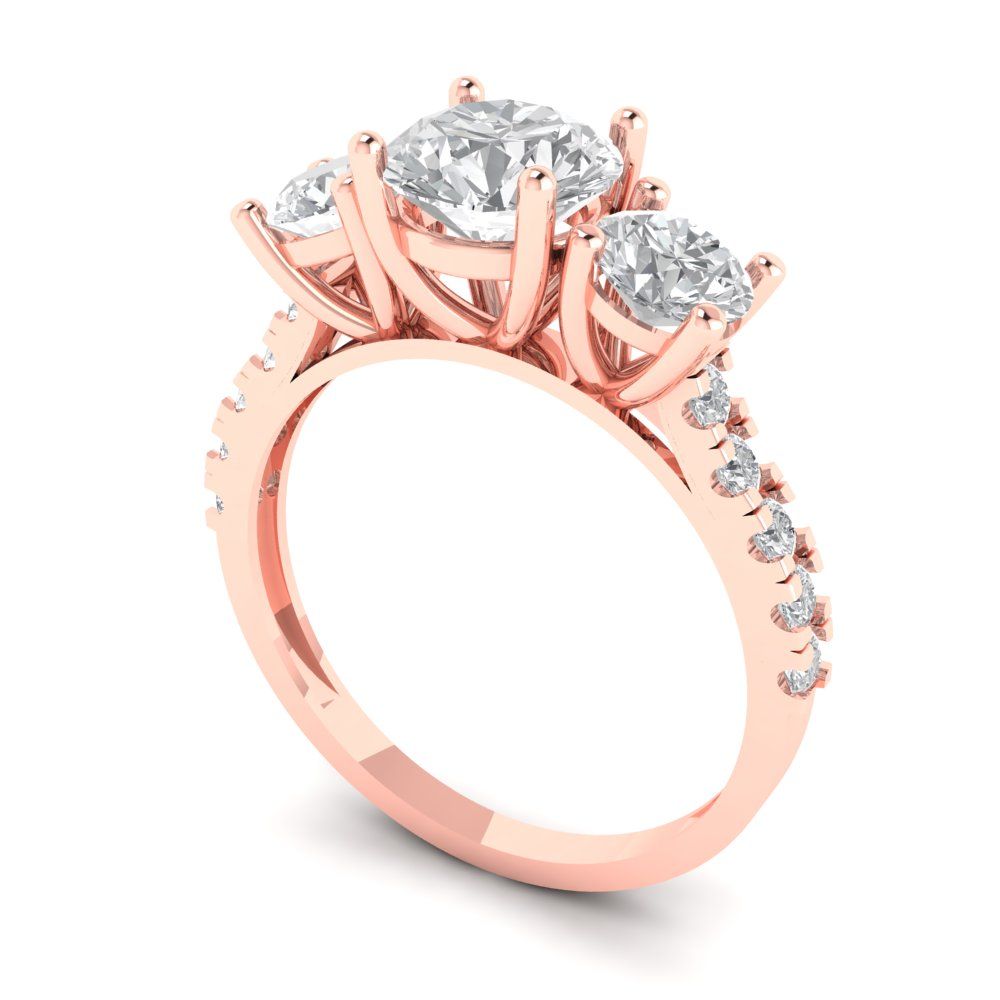 2.02 ct Brilliant Round Cut Natural Diamond Stone Clarity VS1-2 Color G-H Rose Gold Solitaire with Accents Three-Stone Ring