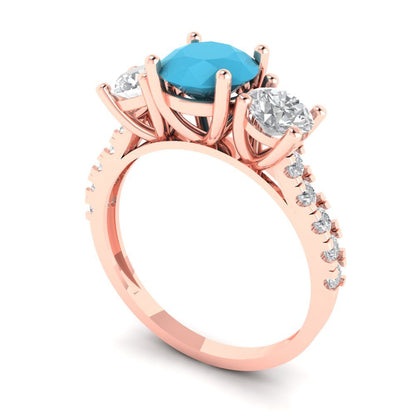 1.97 cttw Simulated Turquoise Three-Stone Engagement Ring - Solid Gold (Round Cut,6.5mm)