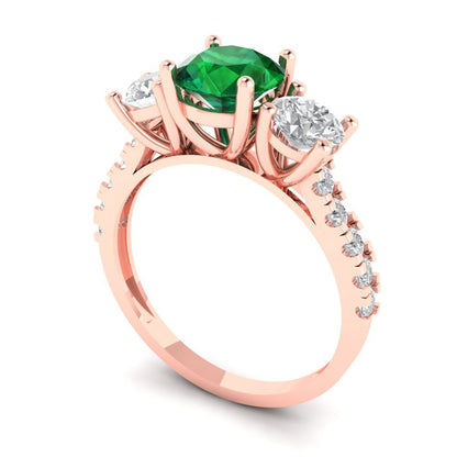 1.97 cttw Simulated Emerald Three-Stone Engagement Ring - Solid Rose Gold (VVS1, Round Cut,6.5mm)