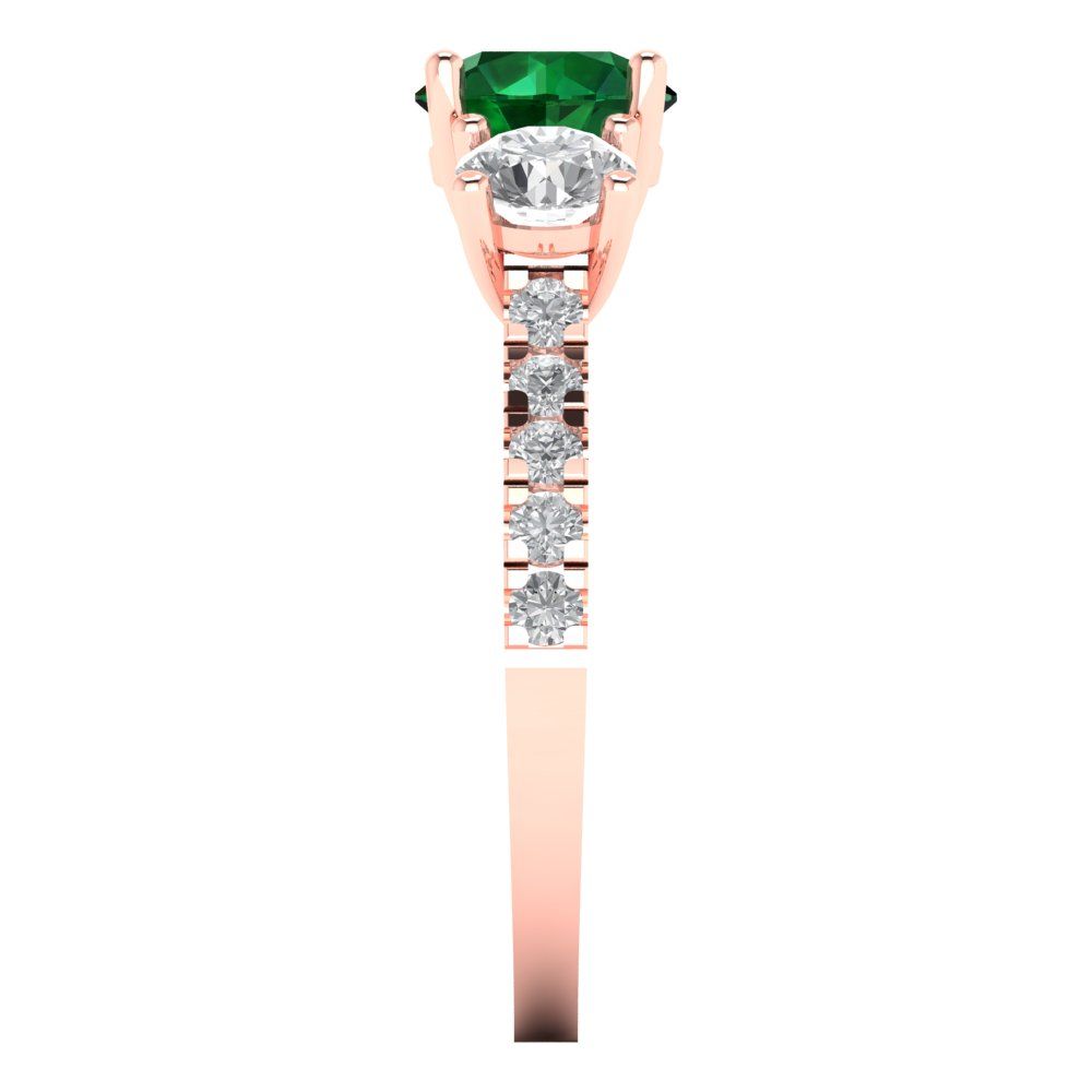1.97 cttw Simulated Emerald Three-Stone Engagement Ring - Solid Rose Gold (VVS1, Round Cut,6.5mm)