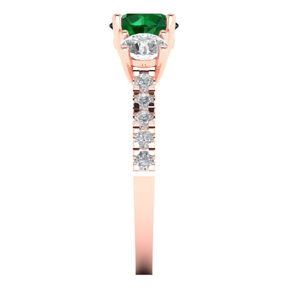 1.97 cttw Simulated Emerald Three-Stone Engagement Ring - Solid Rose Gold (VVS1, Round Cut,6.5mm)