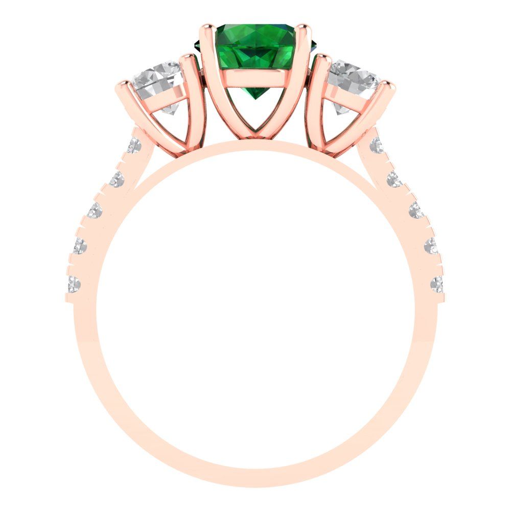 1.97 cttw Simulated Emerald Three-Stone Engagement Ring - Solid Rose Gold (VVS1, Round Cut,6.5mm)