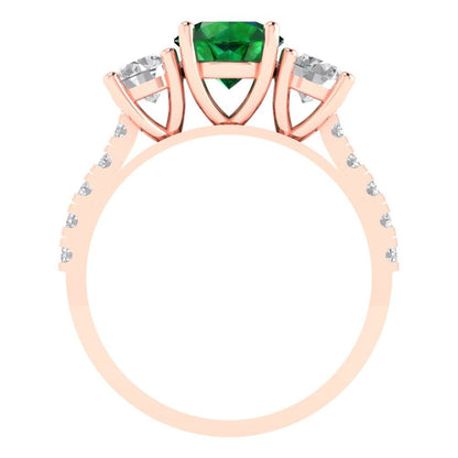 1.97 cttw Simulated Emerald Three-Stone Engagement Ring - Solid Rose Gold (VVS1, Round Cut,6.5mm)