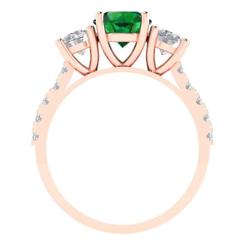 2.02 ct Brilliant Round Cut Simulated Emerald Stone Rose Gold Solitaire with Accents Three-Stone Ring