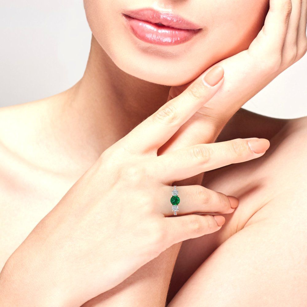 1.97 cttw Simulated Emerald Three-Stone Engagement Ring - Solid Rose Gold (VVS1, Round Cut,6.5mm)