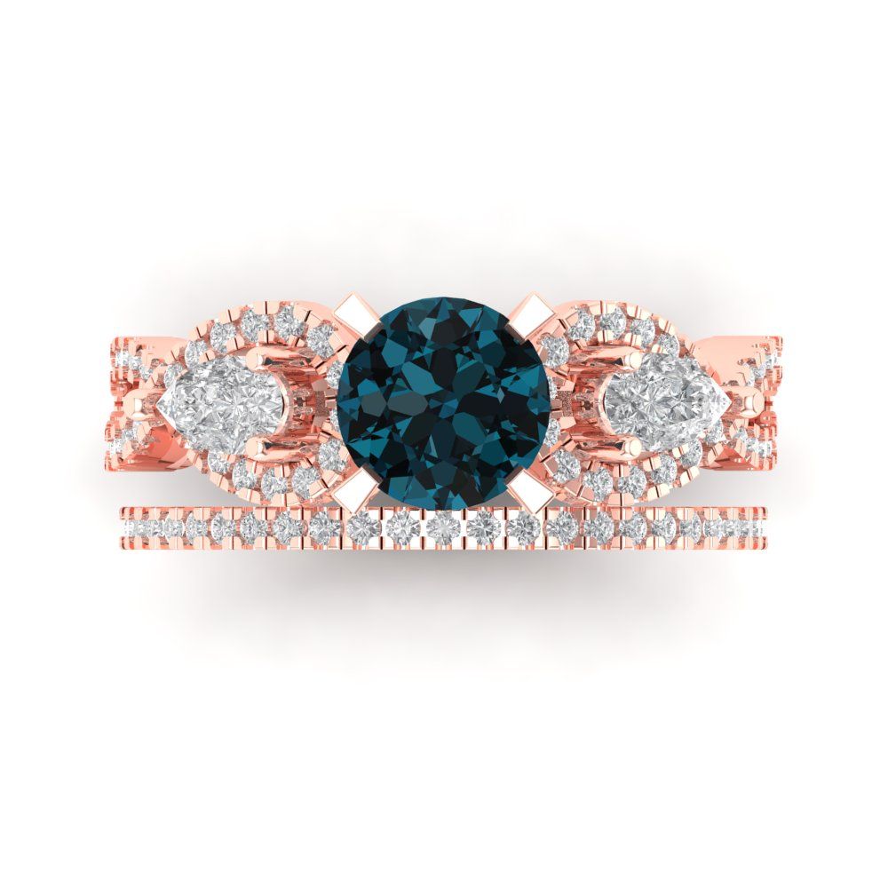 1.925 cttw Round Cut Natural London Blue Topaz Bridal Set - Solid Rose Gold Engagement Ring & Wedding Band