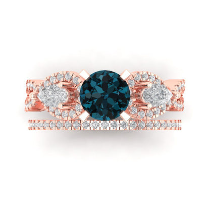 1.925 cttw Round Cut Natural London Blue Topaz Bridal Set - Solid Rose Gold Engagement Ring & Wedding Band