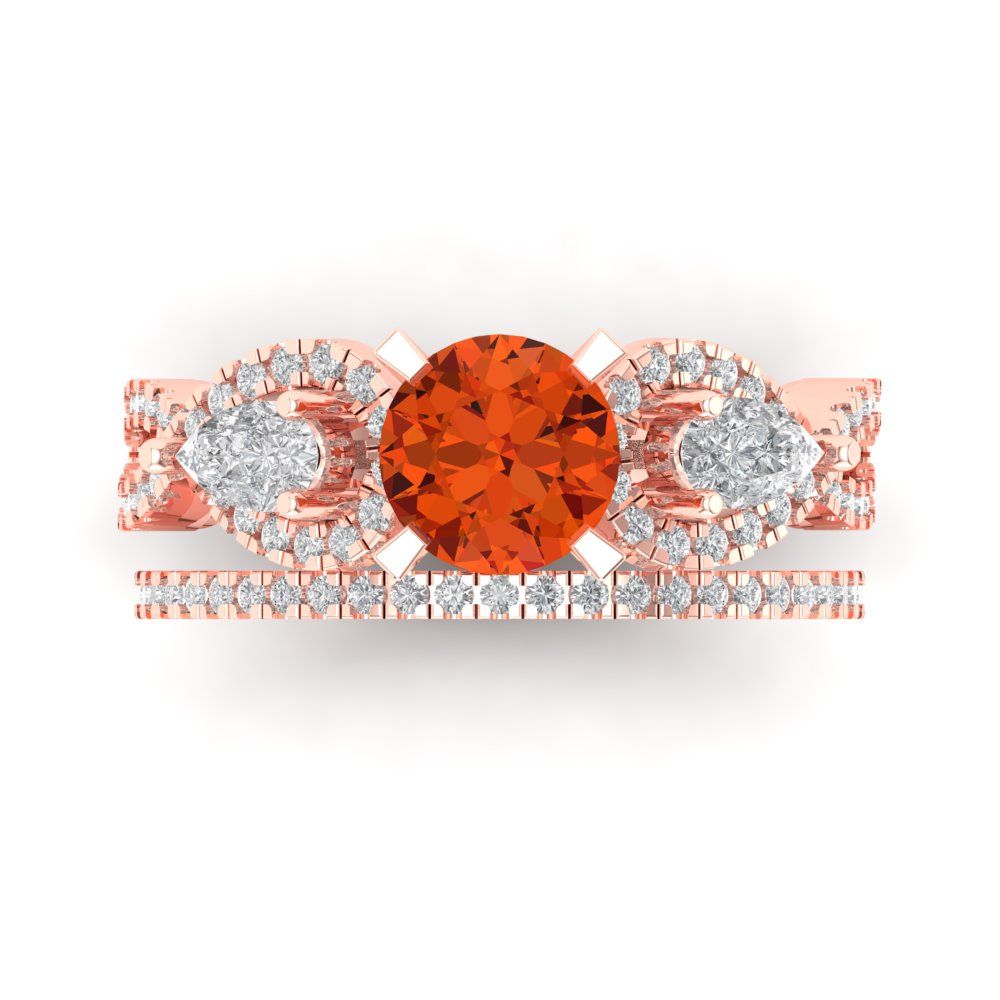 1.925 cttw Round Cut Simulated Red Diamond Bridal Set - Solid Rose Gold Engagement Ring & Wedding Band