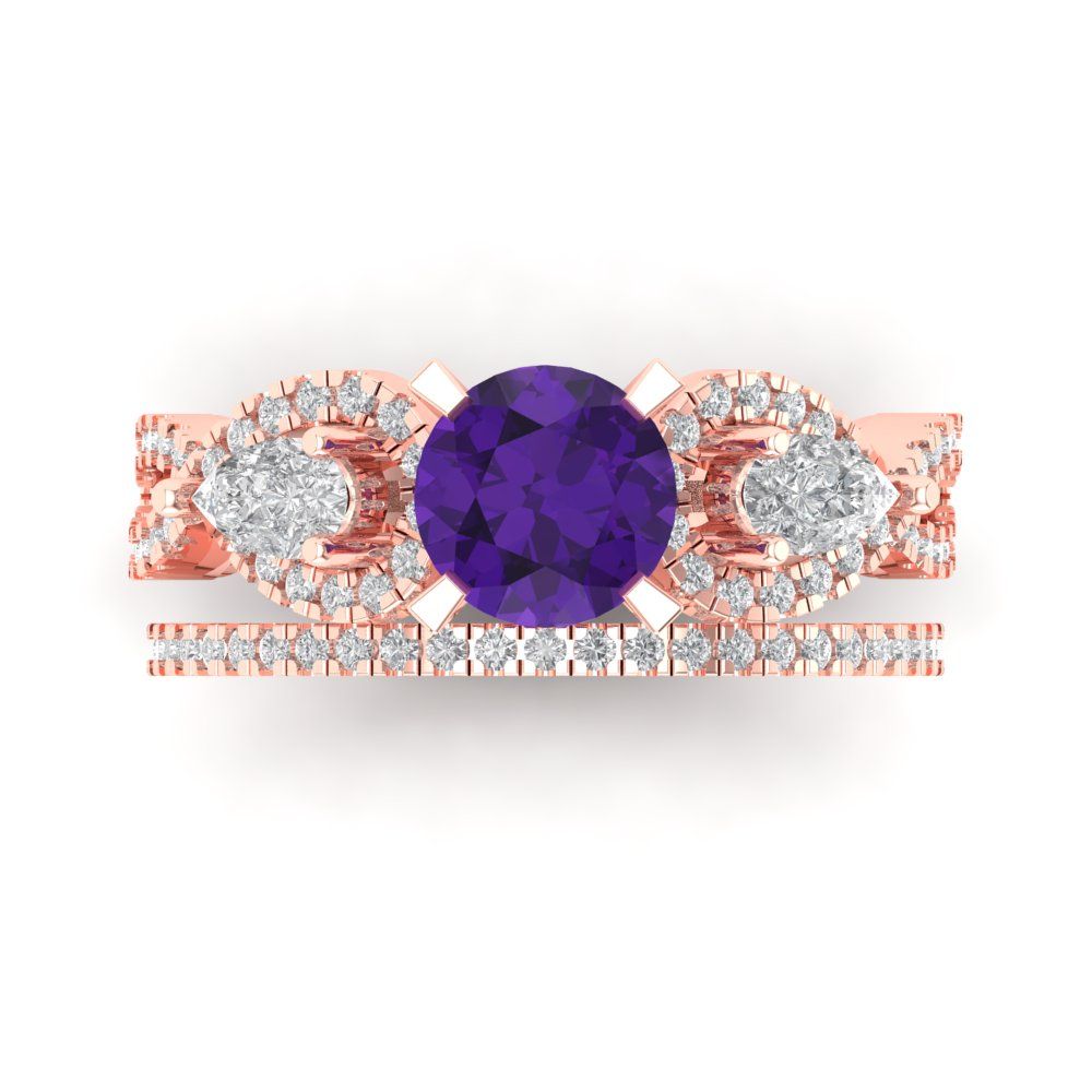1.925 cttw Round Cut Natural Amethyst Bridal Set - Solid Rose Gold Engagement Ring & Wedding Band