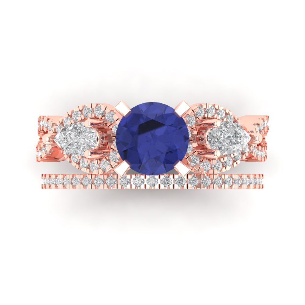 1.925 cttw Round Cut Simulated Tanzanite Bridal Set - Solid Rose Gold Engagement Ring & Wedding Band