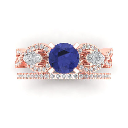 1.925 cttw Round Cut Simulated Tanzanite Bridal Set - Solid Rose Gold Engagement Ring & Wedding Band