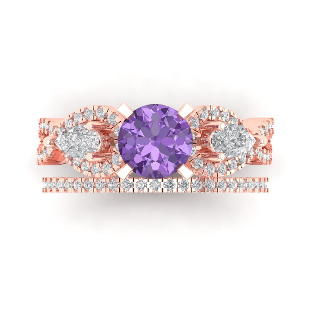 1.925 cttw Round Cut Simulated Alexandrite Bridal Set - Solid Rose Gold Engagement Ring & Wedding Band