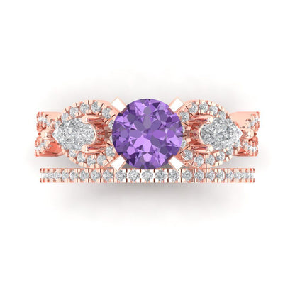 1.925 cttw Round Cut Simulated Alexandrite Bridal Set - Solid Rose Gold Engagement Ring & Wedding Band
