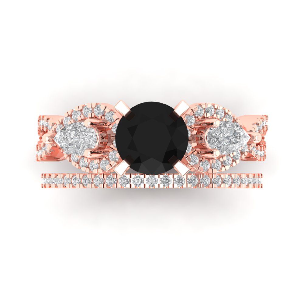 1.925 cttw Round Cut Natural Onyx Bridal Set - Solid Rose Gold Engagement Ring & Wedding Band