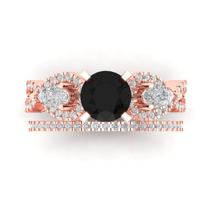 1.925 cttw Round Cut Natural Onyx Bridal Set - Solid Rose Gold Engagement Ring & Wedding Band