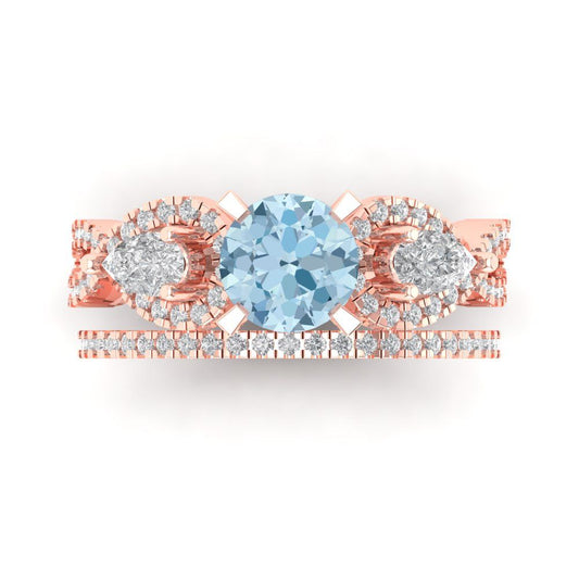 1.925 cttw Round Cut Natural Aquamarine Bridal Set - Solid Rose Gold Engagement Ring & Wedding Band