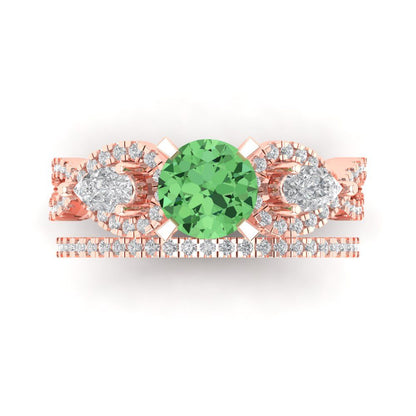 1.925 cttw Round Cut Simulated Green Diamond Bridal Set - Solid Rose Gold Engagement Ring & Wedding Band