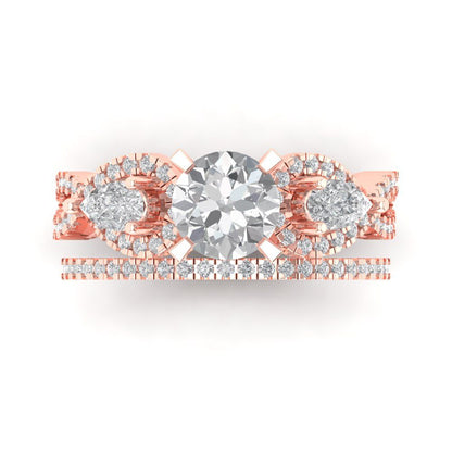 1.925 cttw Round Cut Moissanite Bridal Set - Solid Rose Gold Engagement Ring & Wedding Band
