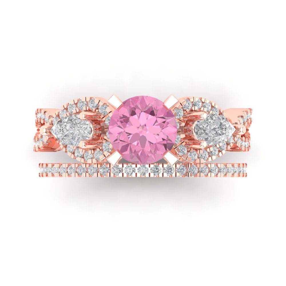 1.925 cttw Round Cut Simulated Pink Diamond Bridal Set - Solid Rose Gold Engagement Ring & Wedding Band