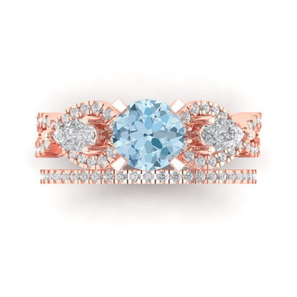1.925 cttw Round Cut Simulated Blue Diamond Bridal Set - Solid Rose Gold Engagement Ring & Wedding Band