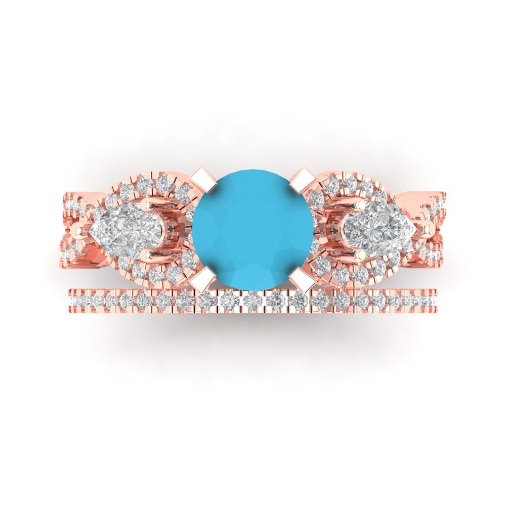 1.925 cttw Round Cut Simulated Turquoise Bridal Set - Solid Rose Gold Engagement Ring & Wedding Band