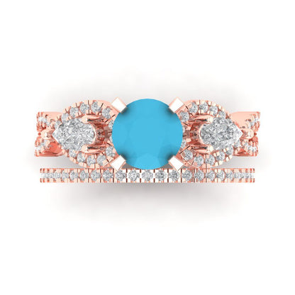 1.925 cttw Round Cut Simulated Turquoise Bridal Set - Solid Rose Gold Engagement Ring & Wedding Band