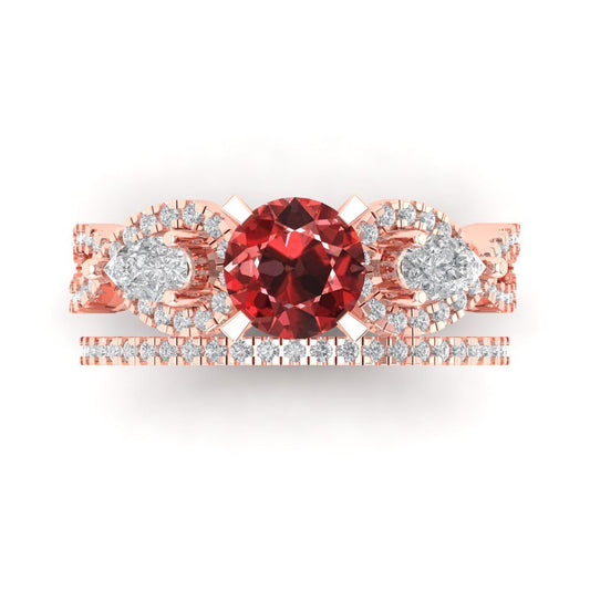 1.925 cttw Round Cut Natural Garnet Bridal Set - Solid Rose Gold Engagement Ring & Wedding Band
