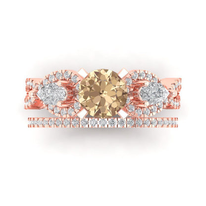 1.925 cttw Round Cut Yellow Moissanite Bridal Set - Solid Rose Gold Engagement Ring & Wedding Band