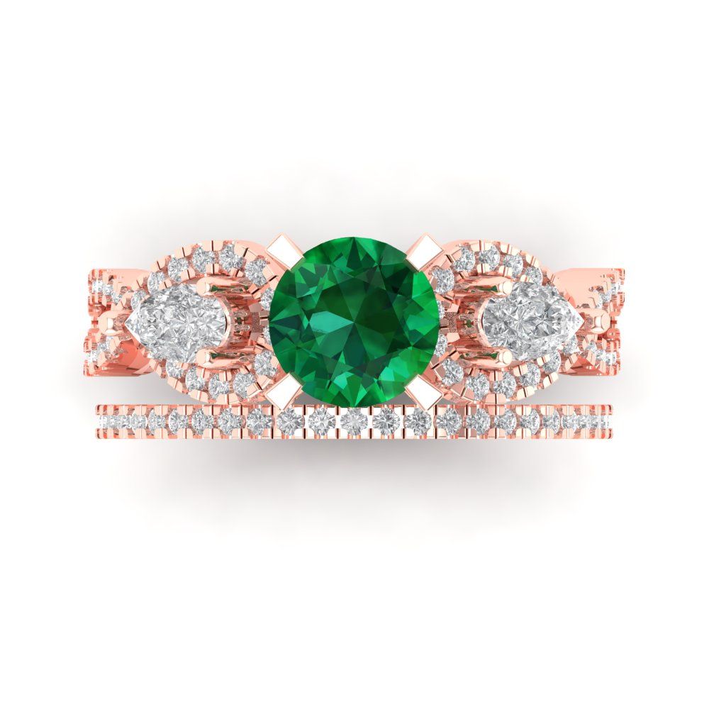 1.925 cttw Round Cut Simulated Emerald Bridal Set - Solid Rose Gold Engagement Ring & Wedding Band