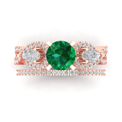 1.925 cttw Round Cut Simulated Emerald Bridal Set - Solid Rose Gold Engagement Ring & Wedding Band