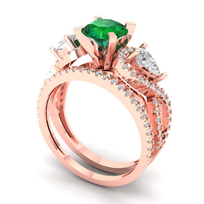 1.925 cttw Round Cut Simulated Emerald Bridal Set - Solid Rose Gold Engagement Ring & Wedding Band