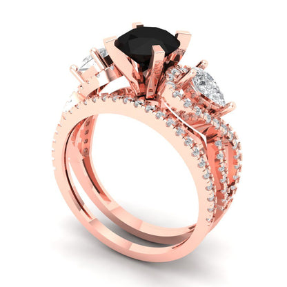1.925 cttw Round Cut Natural Onyx Bridal Set - Solid Rose Gold Engagement Ring & Wedding Band